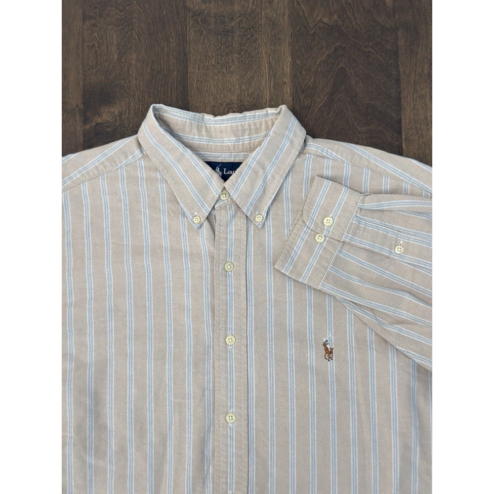 Ralph Lauren Mens Brown Stripe Oxford Shirt Size 18 34/35 Classic Fit Pony